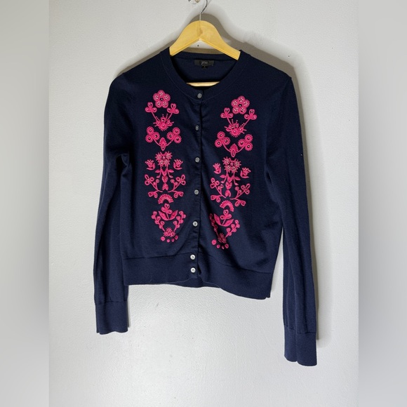 J. Crew Sweaters - J Crew Jackie Cardigan Navy Pink Floral Embroidery Cardigan Large